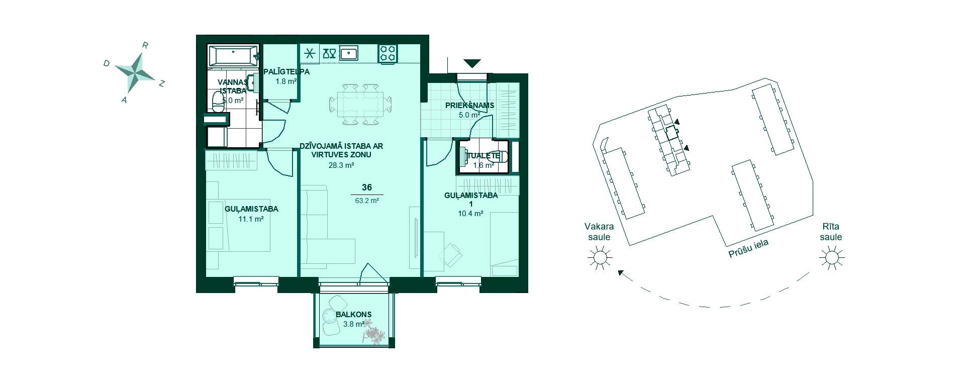 Plānojuma zīmējums - Šajā plānā redzams dzīvoklis ar 63.2 m² platību. Priekšnams ved uz virtuvi un dzīvojamo istabu, divas guļamistabas, vannasistabu un tualeti. Balkons 3.8 m². Ideāla izvēle mājīgai dzīvei!