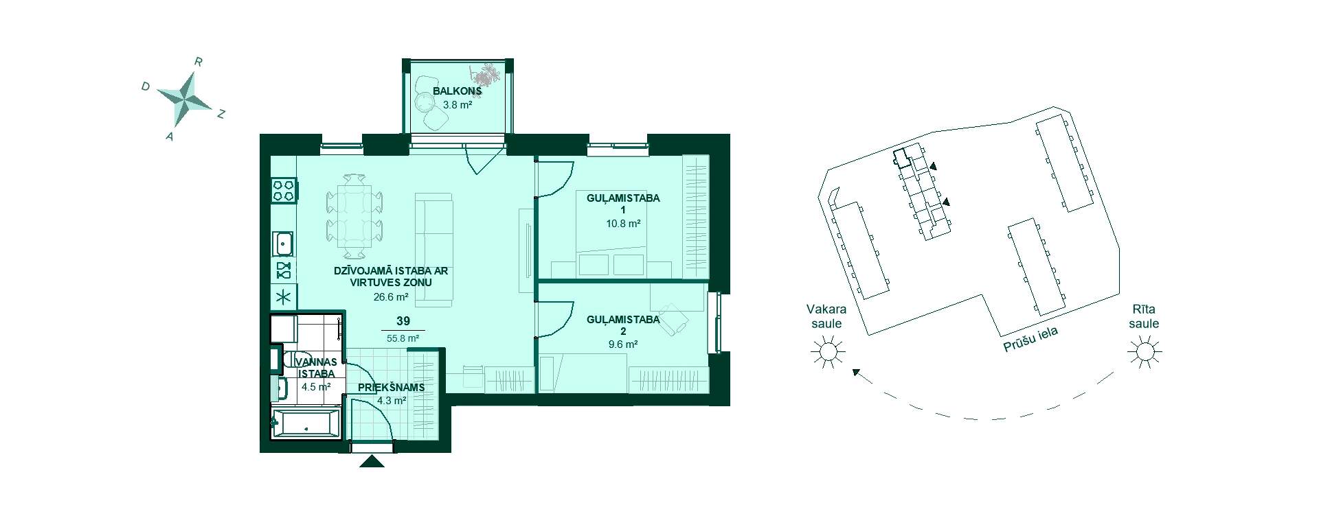 Plānojuma zīmējums - Dzīvokļa plānojums ar 2 guļamistabām. Priekšnams 4.3 m², virtuve apvienota ar viesistabu 26.6 m², vannas istaba 4.5 m². Balkons 3.8 m².