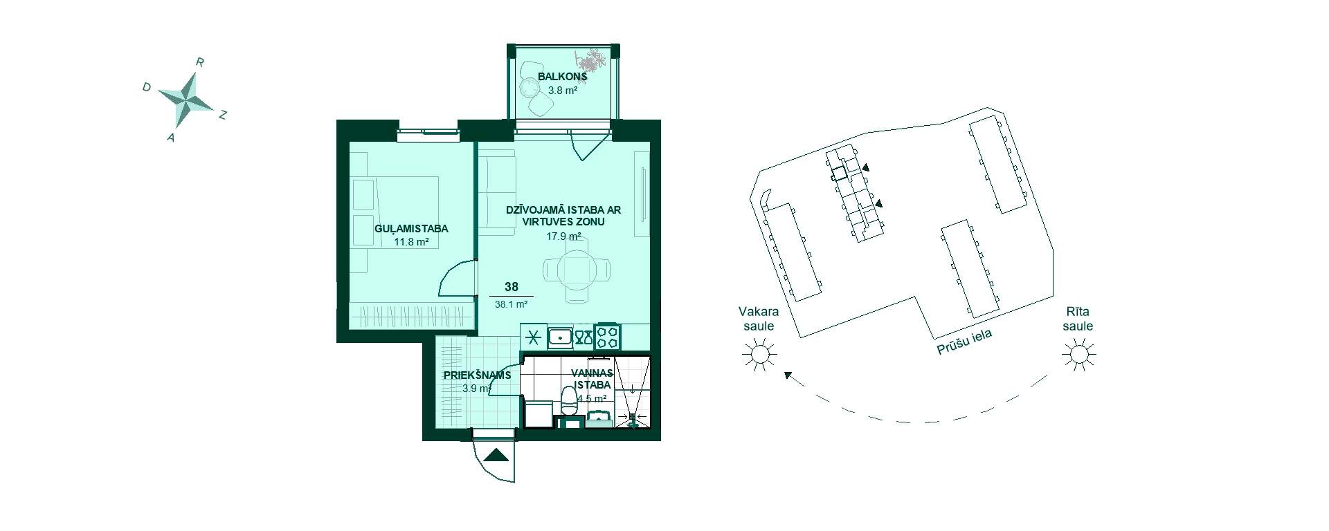 Plānojuma zīmējums - Divistabu dzīvokļa plānojums: Priekšnams 3.9 m², virtuve un viesistaba 17.9 m², guļamistaba 11.8 m², vannas istaba 4.5 m², balkons 3.8 m².