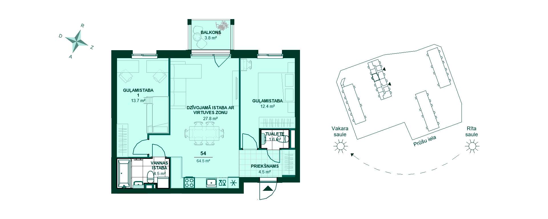 Plānojuma zīmējums - Plašs dzīvokļa plānojums: priekšnama zona ved uz virtuves un dzīvojamās istabas telpu. Divas guļamistabas, vannas istaba un atsevišķa tualete. Balkons ar skatu uz Prūšu ielu. Piemērots gan rīta, gan vakara saulei.