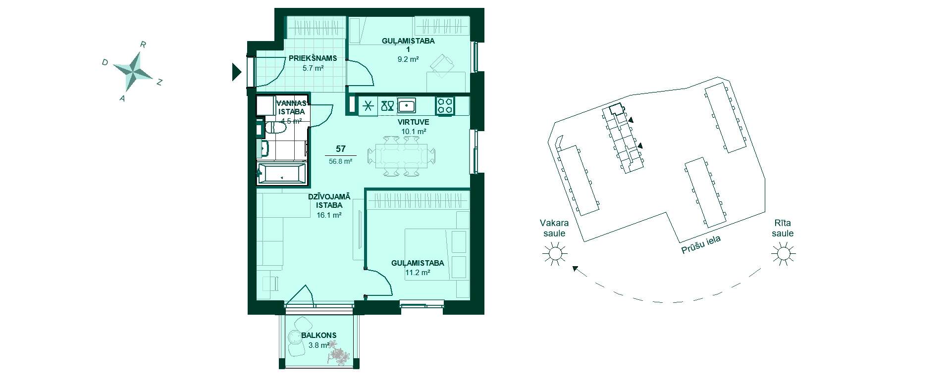 Plānojuma zīmējums - Plandrawing of a cozy apartment with a hallway, kitchen, living room, two bedrooms, bathroom, and a charming balcony. Enjoy the evening sun!