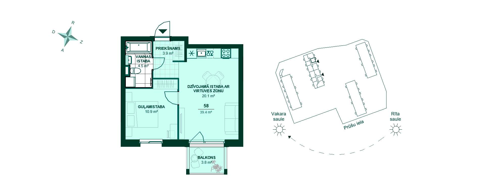 Plānojuma zīmējums - Vienas guļamistabas dzīvokļa plāns ar 39,4 m². Priekšnams, virtuve, viesistaba, guļamistaba, vannas istaba, balkons.