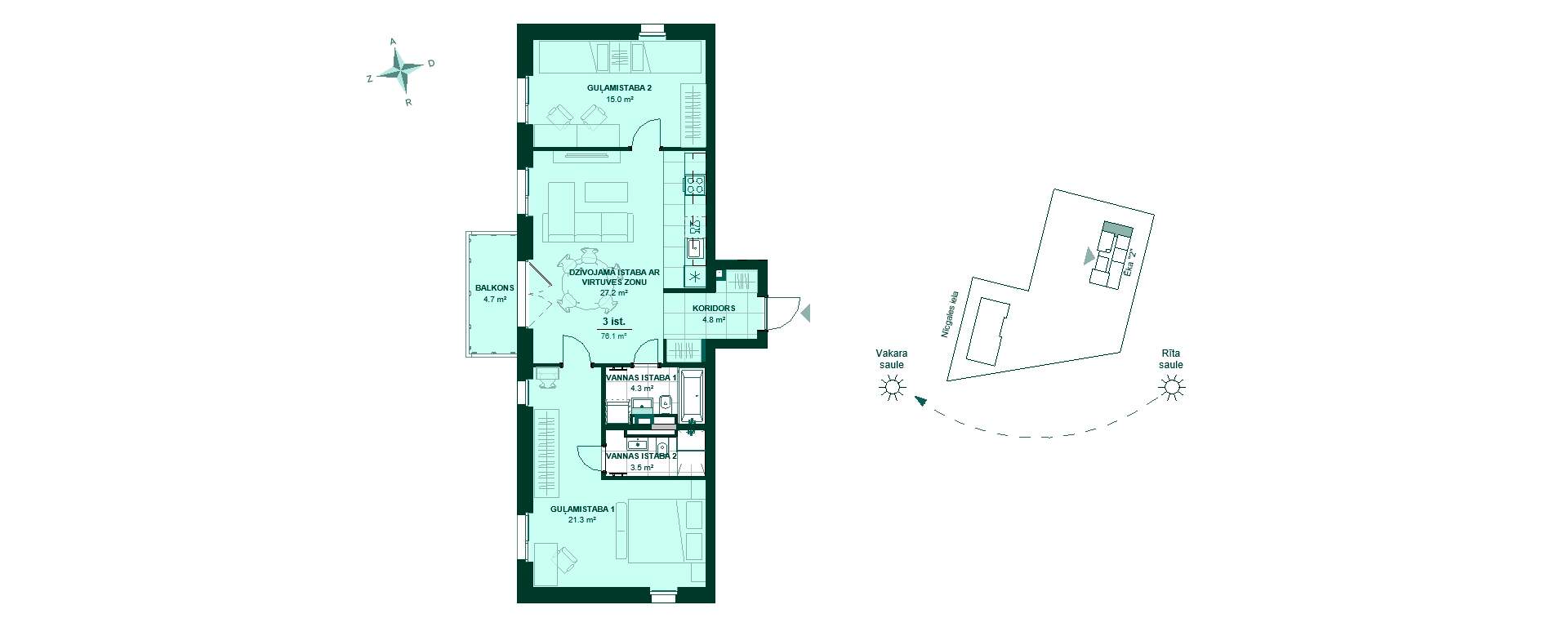Dzīvokļa plāns "Bonava Latvija" jaunajā projektā "Nīcgales mājas" Rīgā, Purvciemā, Nīcgales ielā 17A
