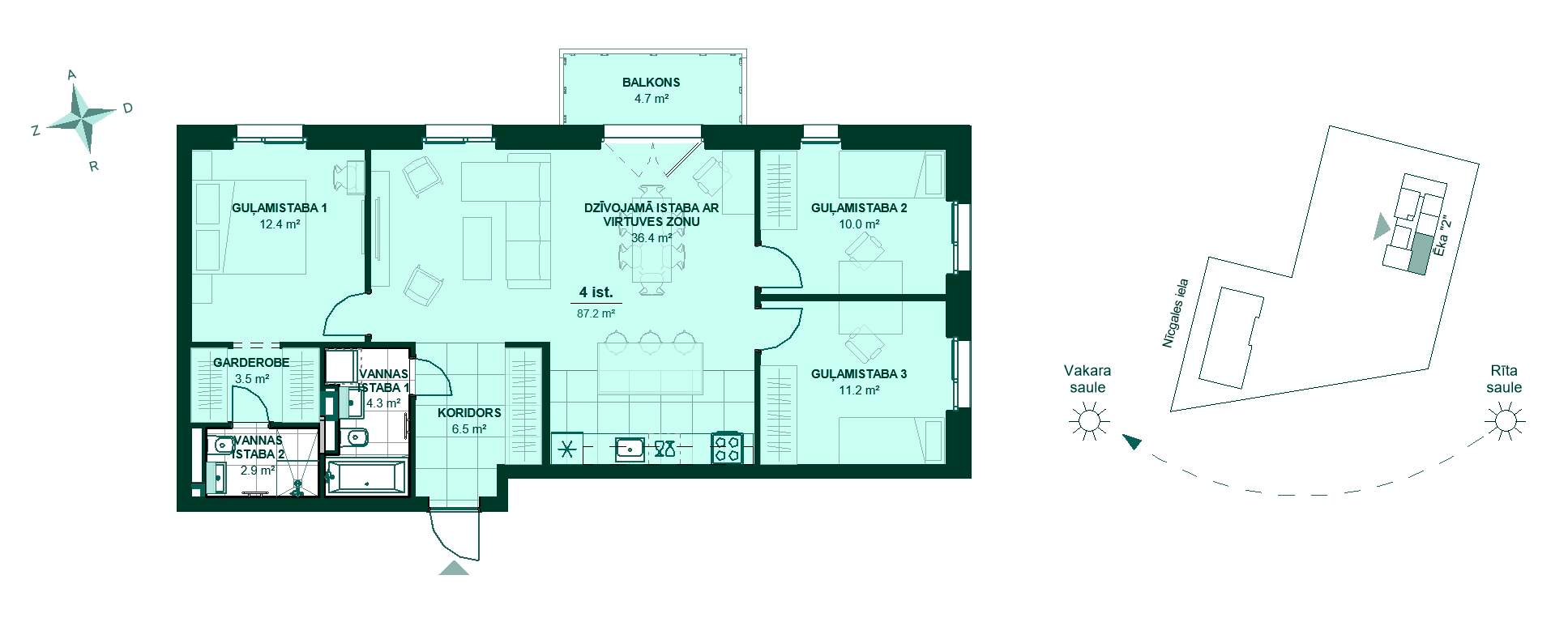 Dzīvokļa plāns "Bonava Latvija" jaunajā projektā "Nīcgales mājas" Rīgā, Purvciemā, Nīcgales ielā 17A