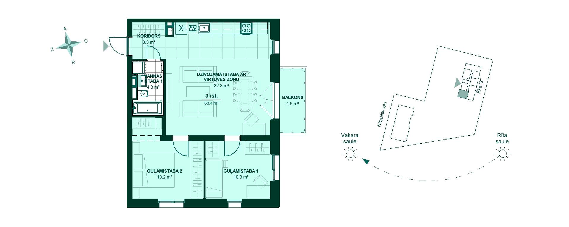 Dzīvokļa plāns "Bonava Latvija" jaunajā projektā "Nīcgales mājas" Rīgā, Purvciemā, Nīcgales ielā 17A