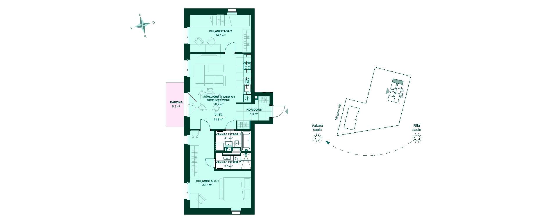 Dzīvokļa plāns "Bonava Latvija" jaunajā projektā "Nīcgales mājas" Rīgā, Purvciemā, Nīcgales ielā 17A