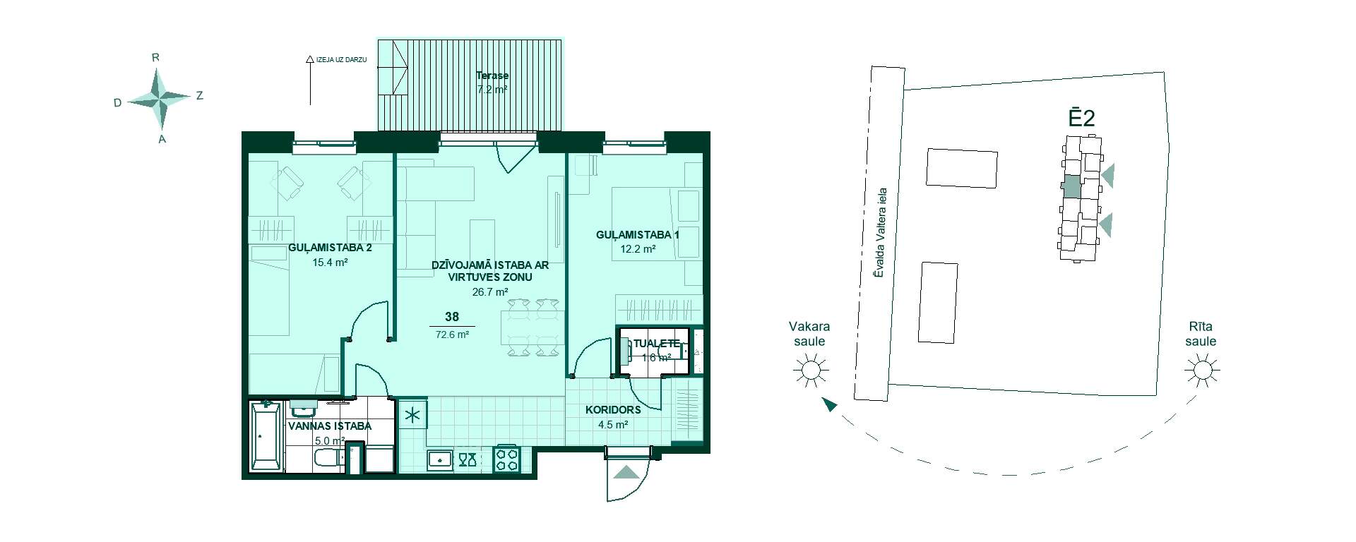 Trīsistabu dzīvokļa plāns ar viesistabu, virtuvi, divām guļamistabām un terasi uz rietumu pusi, kopējā platība 72,6 m².