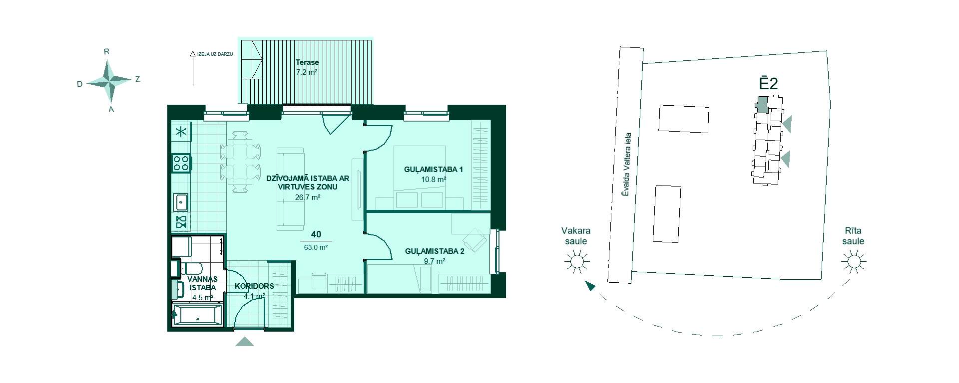 Trīsistabu dzīvokļa plāns ar viesistabu, virtuvi, divām guļamistabām un terasi uz rietumu pusi, kopējā platība 63,0 m².
