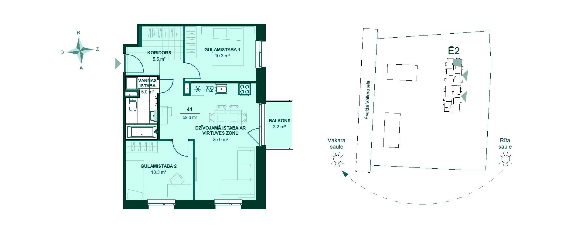 Divu guļamistabu dzīvokļa plāns ar viesistabu, virtuvi, vannasistabu un balkonu uz ziemeļu pusi, kopējā platība 59,3 m².