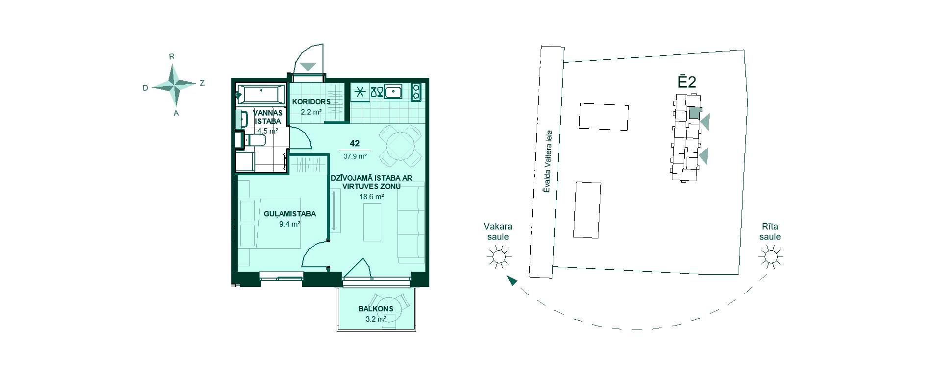Vienas guļamistabas dzīvokļa plāns ar viesistabu, virtuvi, vannasistabu un balkonu uz austrumu pusi, kopējā platība 37,9 m².
