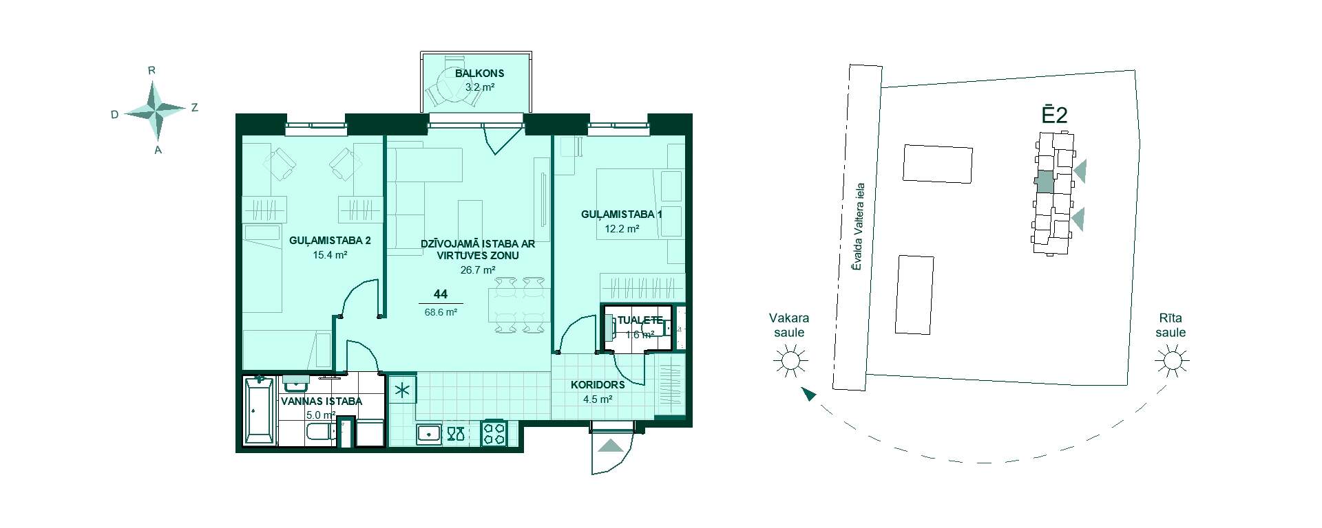 Trīsistabu dzīvokļa plāns ar viesistabu, virtuvi, divām guļamistabām un balkonu uz rietumu pusi, kopējā platība 68,6 m².