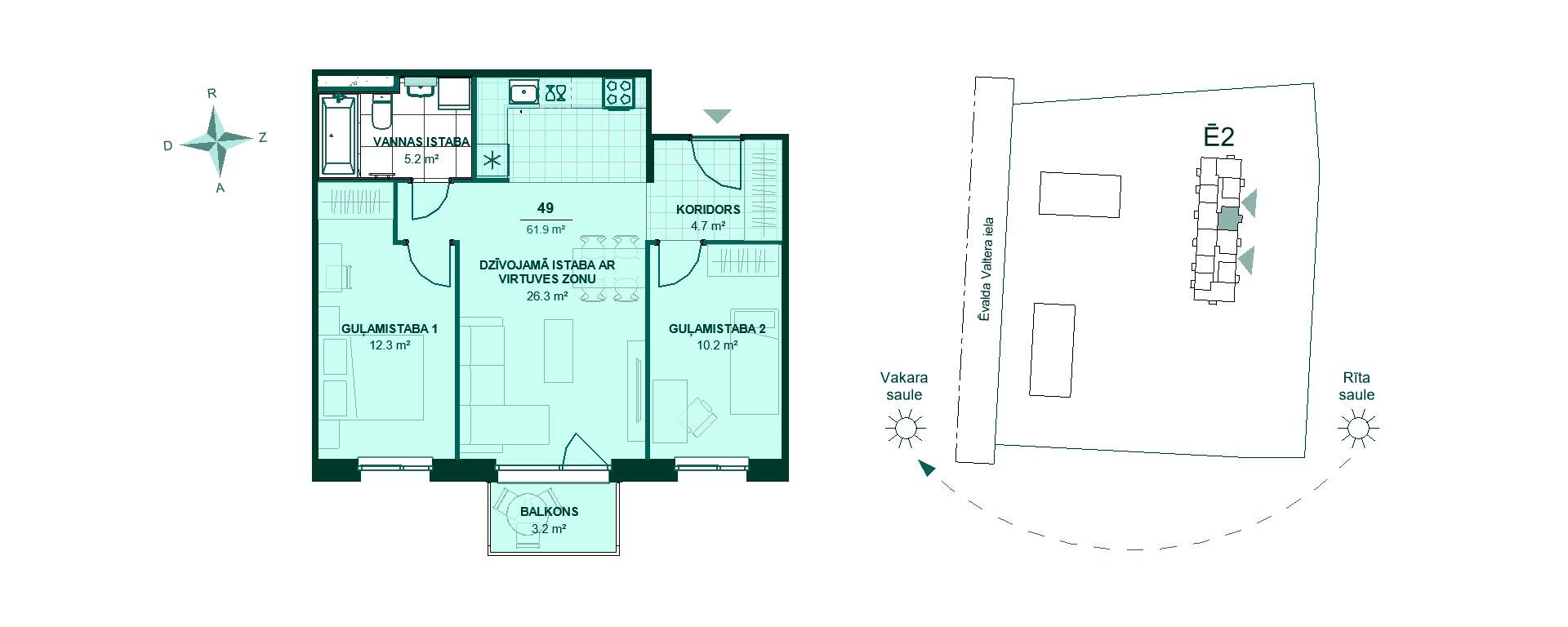 Divu guļamistabu dzīvokļa plāns ar viesistabu, virtuvi, vannasistabu un balkonu uz austrumu pusi, kopējā platība 61,9 m².