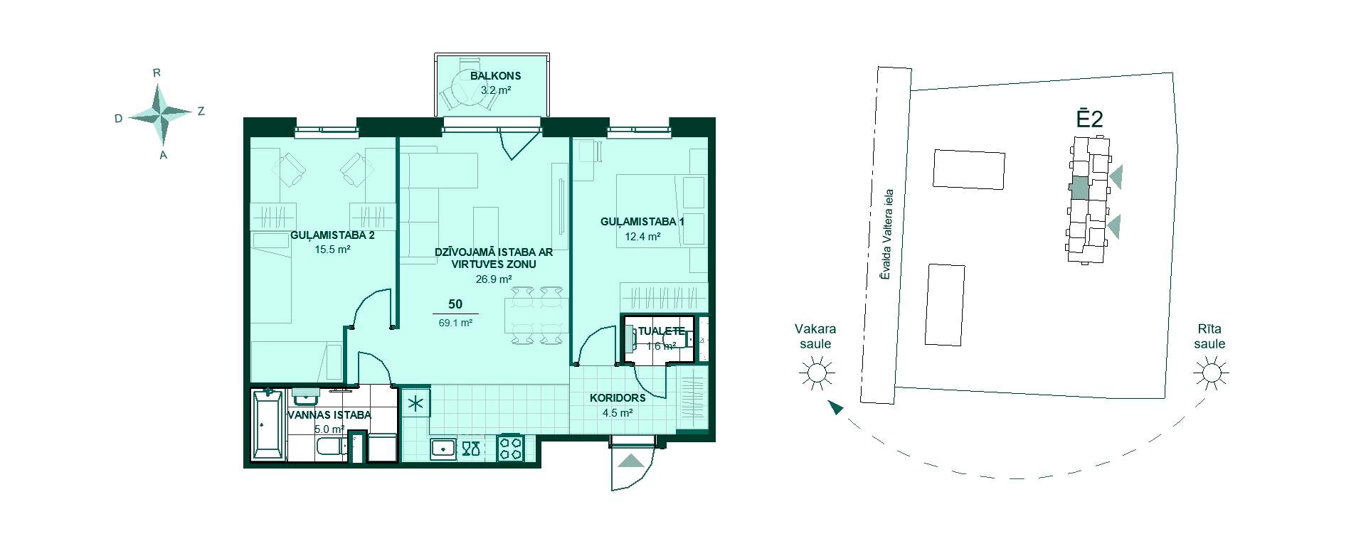 Trīsistabu dzīvokļa plāns ar viesistabu, virtuvi, divām guļamistabām un balkonu uz rietumu pusi, kopējā platība 69,1 m².