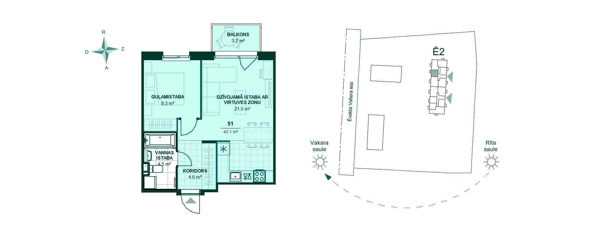 Vienas guļamistabas dzīvokļa plāns ar viesistabu, virtuvi, vannasistabu un balkonu uz rietumu pusi, kopējā platība 43,1 m².