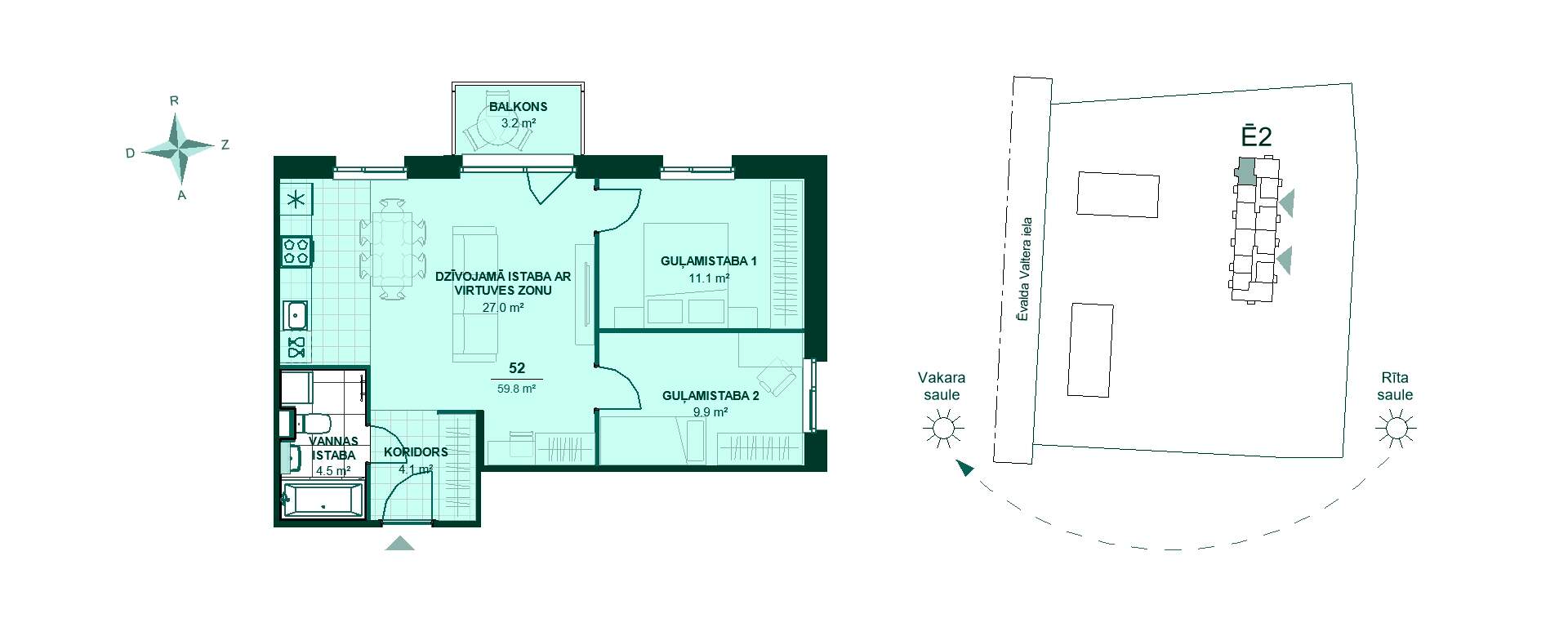 Divu guļamistabu dzīvokļa plāns ar viesistabu, virtuvi, vannasistabu un balkonu uz rietumu pusi, kopējā platība 59,8 m².