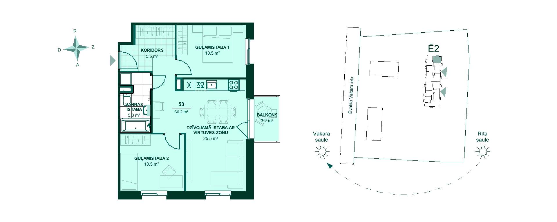 Divu guļamistabu dzīvokļa plāns ar viesistabu, virtuvi, vannasistabu un balkonu uz ziemeļu pusi, kopējā platība 60,2 m².