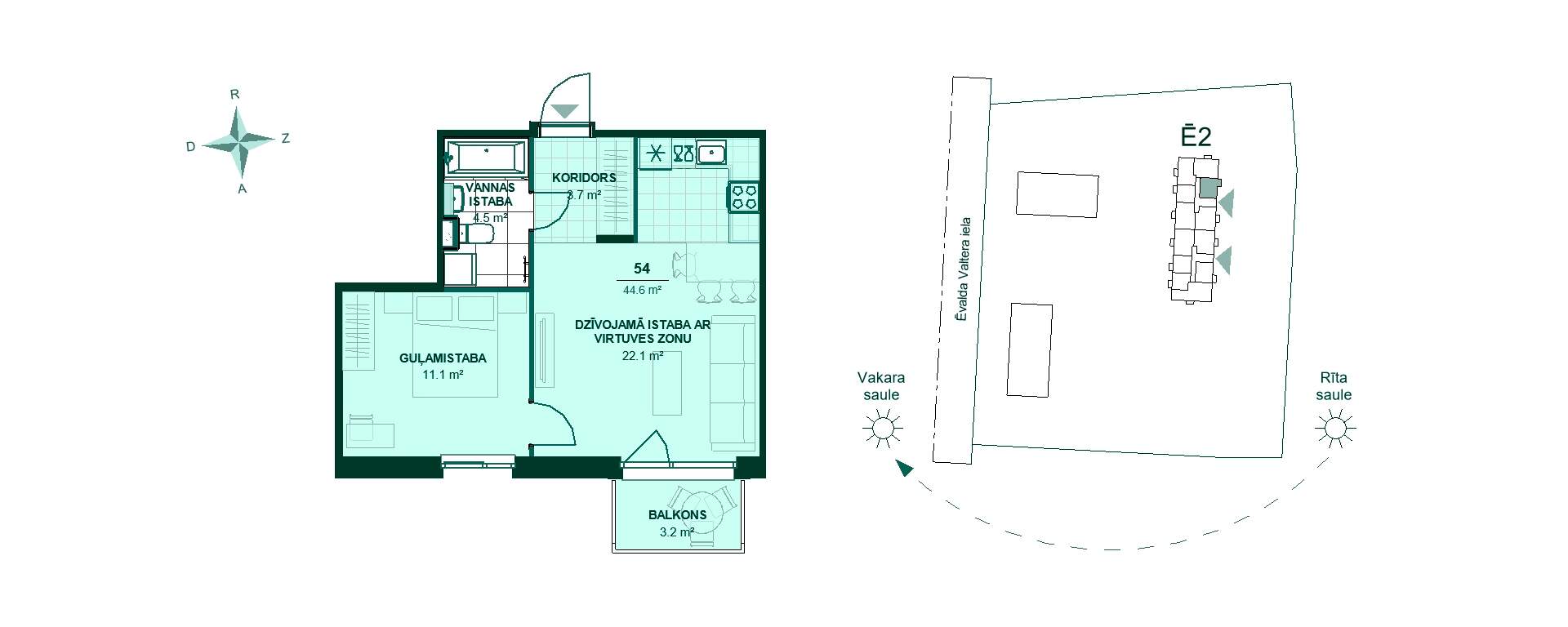 Vienas guļamistabas dzīvokļa plāns ar viesistabu, virtuvi, vannasistabu un balkonu uz austrumu pusi, kopējā platība 44,6 m².
