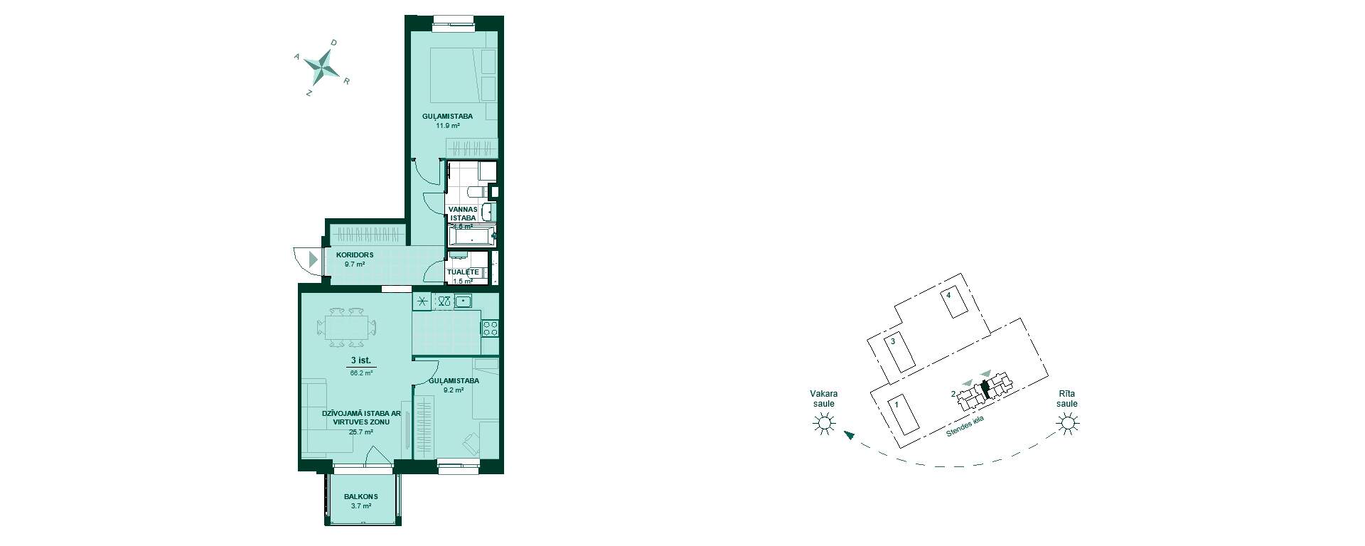 Plānojuma zīmējums - Trīsistabu dzīvokļa plāns ar 62,65 m². Koridors 9,7 m², virtuve/viesistaba 25,7 m², guļamistabas 11,9 m² un 9,2 m², vannas istaba, tualete, balkons 3,7 m².