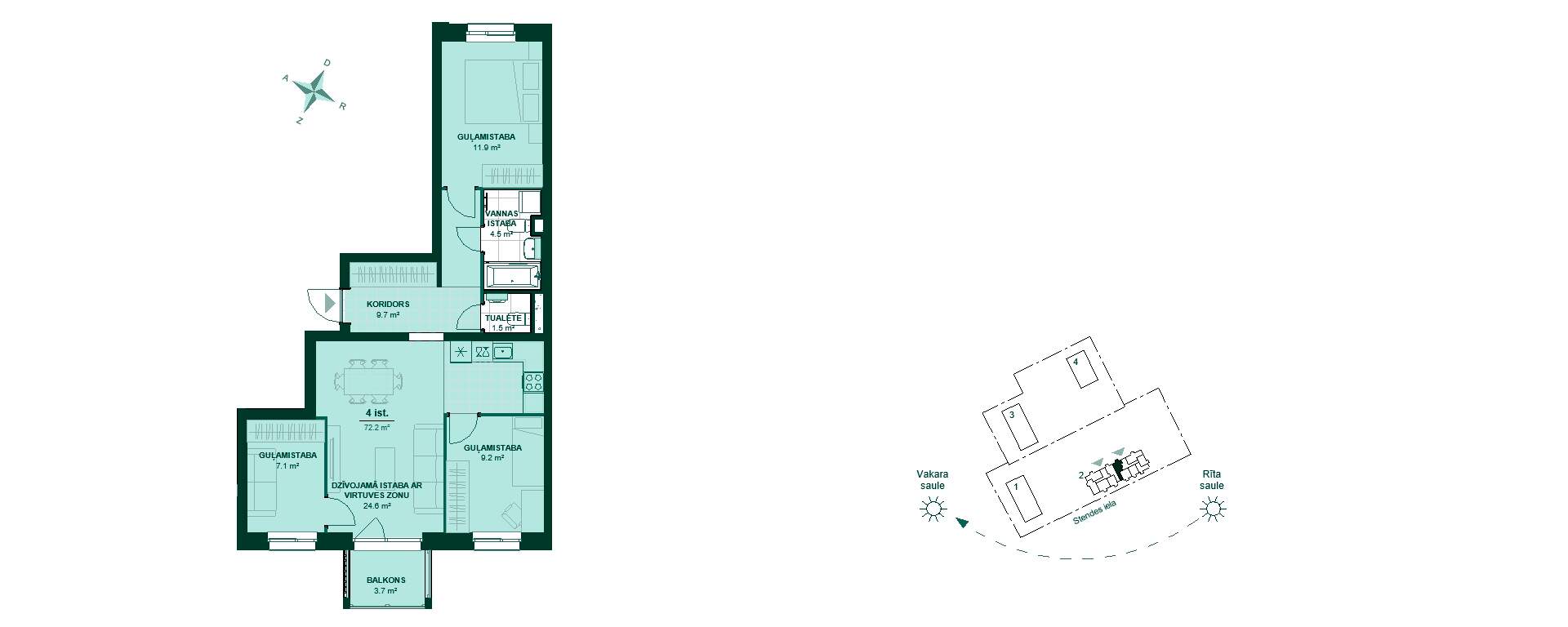 Plānojuma zīmējums - Izbaudiet šo mājokli ar 9.7 m² koridoru, 24.6 m² dzīvojamo istabu un virtuves zonu. Trīs guļamistabas, divas vannas istabas un balkons.