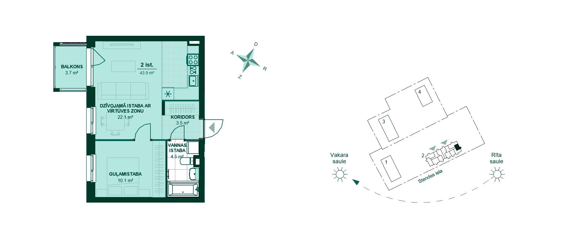 Plānojuma zīmējums - Divistabu dzīvokļa plāns: koridors 3.5 m², virtuve un viesistaba 22.1 m², guļamistaba 10.1 m², vannas istaba 4.5 m², balkons 3.7 m².