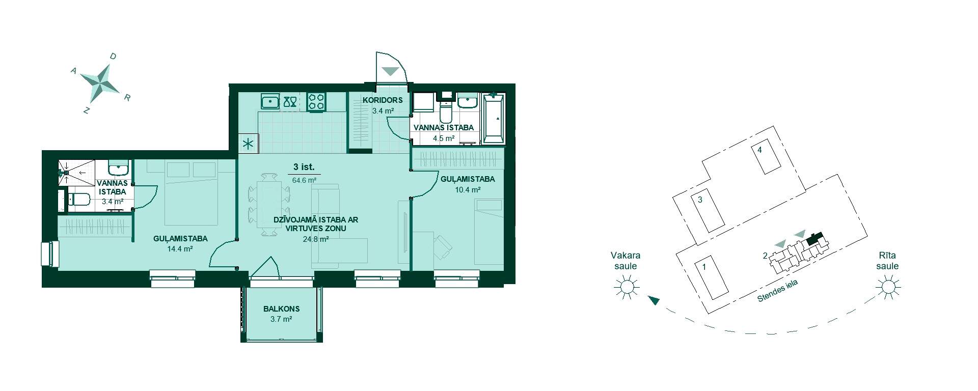 Plānojuma zīmējums - Trīsistabu dzīvokļa plāns ar koridoru 3.4 m², virtuvi un viesistabu 24.8 m², divām guļamistabām 14.4 m² un 10.4 m², divām vannas istabām 3.4 m² un 4.5 m², un balkonu 3.7 m². Orientēts uz rīta sauli.
