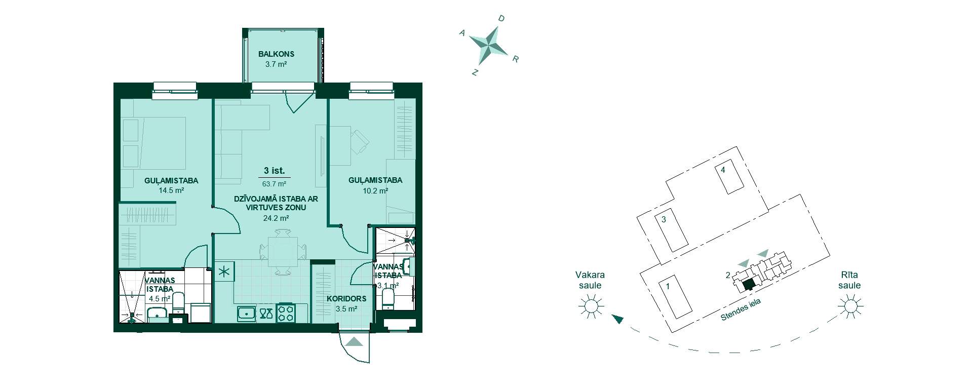Plānojuma zīmējums - Dzīvokļa plāns: koridors 3.5 m², virtuve apvienota ar viesistabu 24.2 m², divas guļamistabas 14.5 m² un 10.2 m², divas vannas istabas 4.5 m² un 3.1 m², balkons 3.7 m².