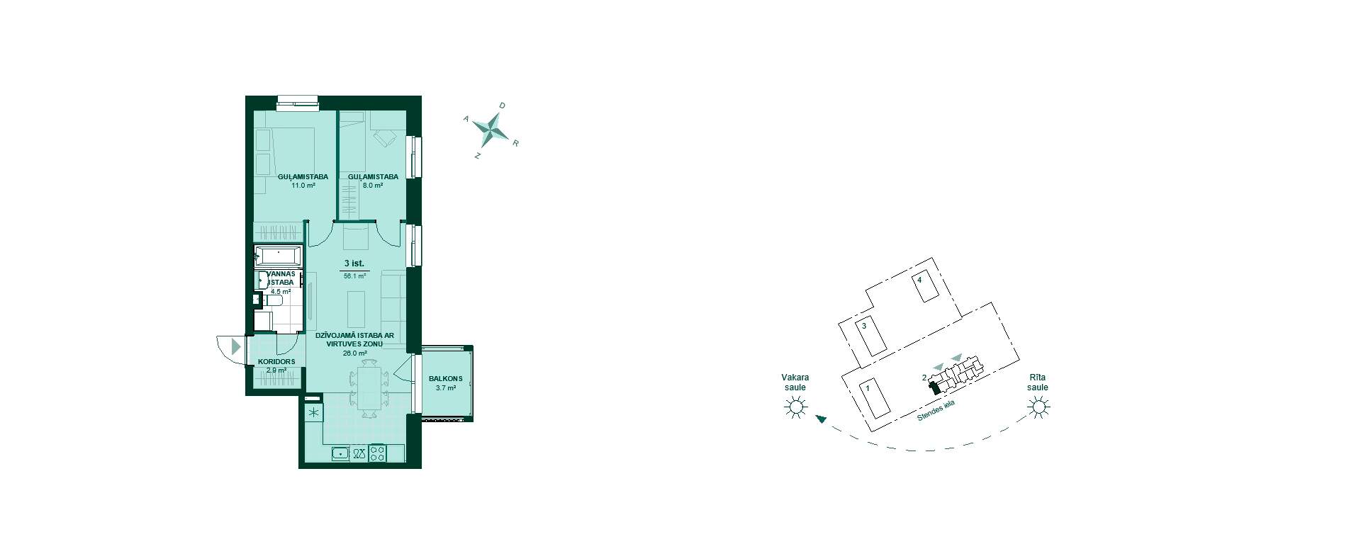 Plānojuma zīmējums - Plandrawing: Šī ir mājīga 3-istabu dzīvokļa plāna zīmējums. Dzīvoklis ietver koridoru, virtuvi ar dzīvojamo zonu, divas guļamistabas, vannas istabu un balkonu.
