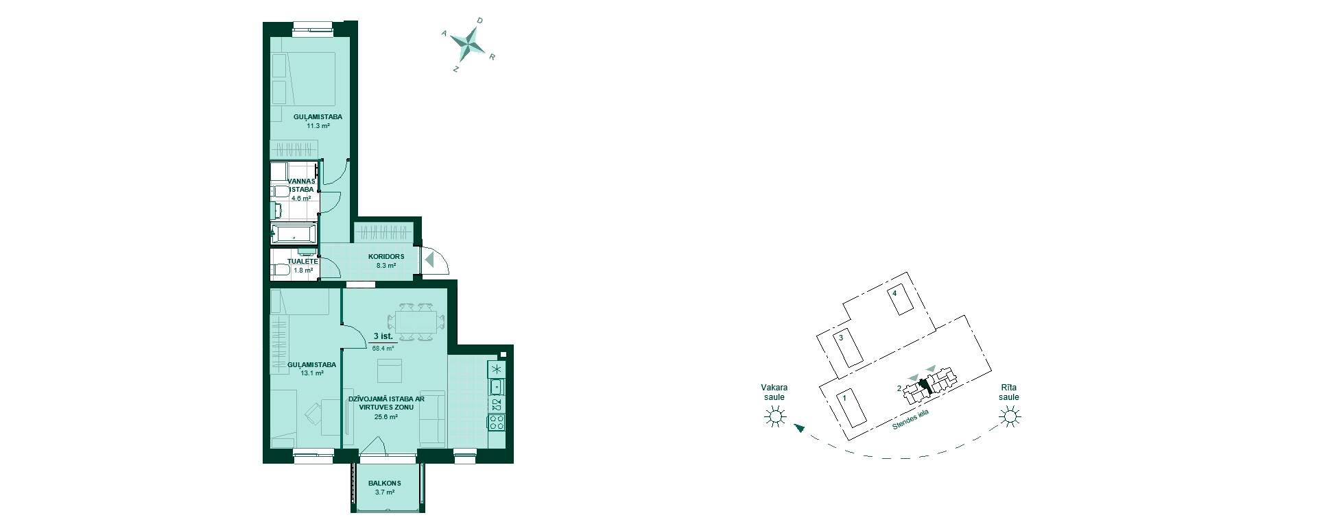 Plānojuma zīmējums - Šī ir plānojuma zīmējuma attēls. Koridors 8.3 m² ved uz virtuvi, dzīvojamo istabu 25.6 m², divas guļamistabas 11.3 m² un 13.1 m², vannasistabu 4.8 m², tualeti 1.8 m² un balkonu 3.7 m². Ideāla vieta vakara saulei!