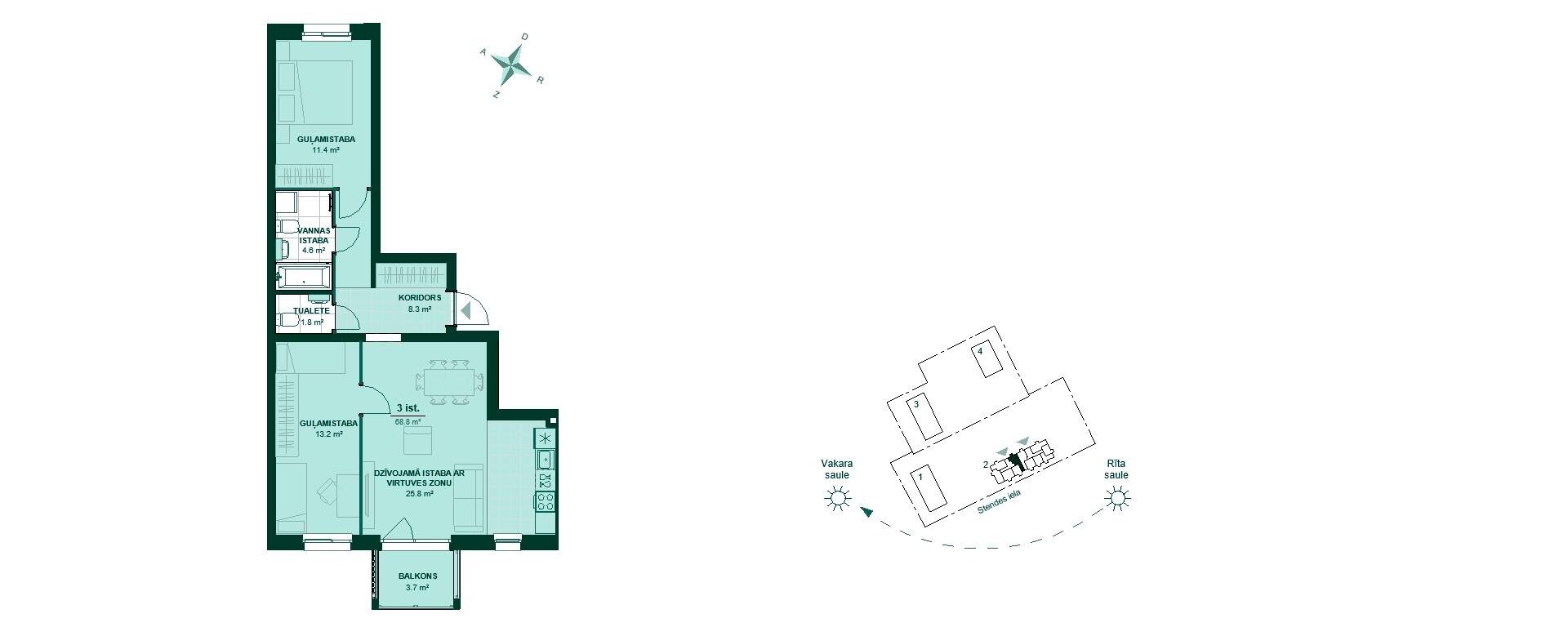 Plānojuma zīmējums - Izbaudiet šo mājokļa plānojumu: koridors ved uz plašu dzīvojamo istabu ar virtuves zonu. Divas guļamistabas, vannas istaba un tualete.