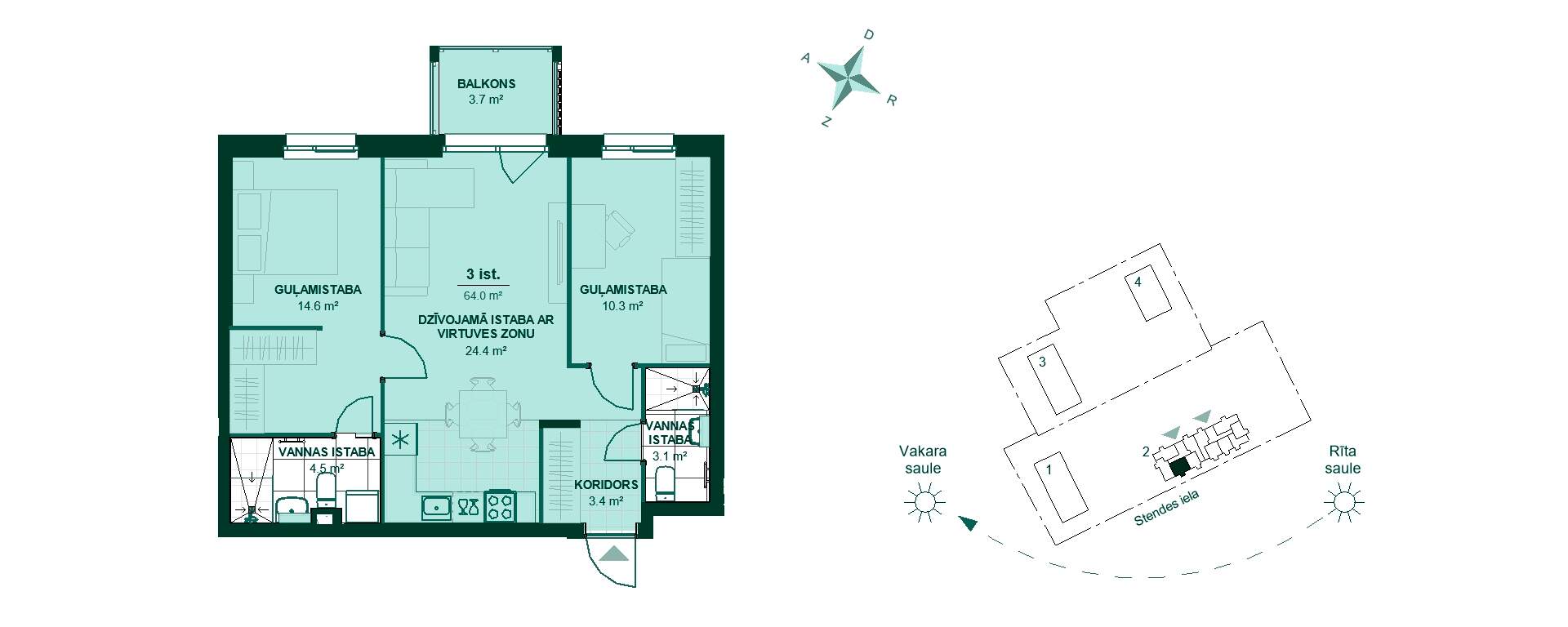 Plānojuma zīmējums - Izbaudiet 3 istabu dzīvokļa plānojumu: koridors ved uz virtuvi, dzīvojamo istabu, divām guļamistabām, divām vannas istabām un balkonu.
