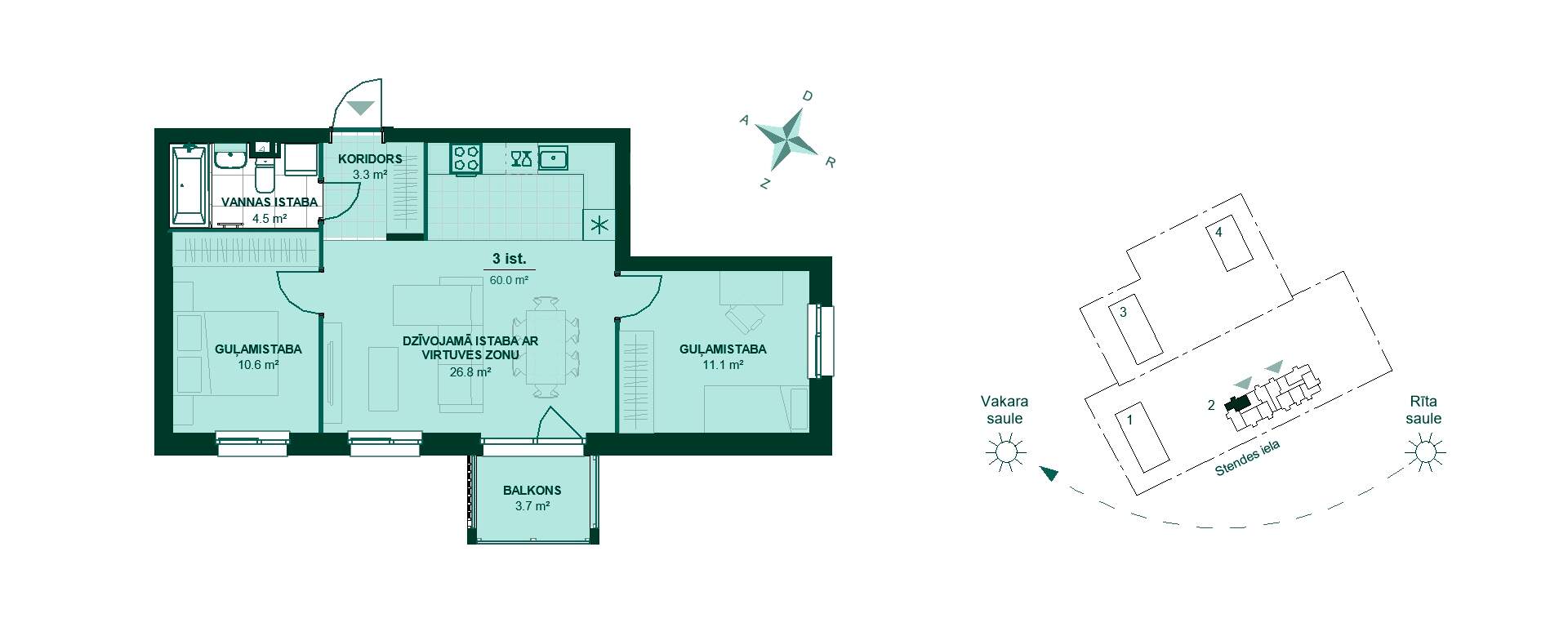 Plānojuma zīmējums - Izbaudiet plašo 60m² dzīvokli ar 3 istabām: koridors, virtuve ar viesistabu, divas guļamistabas, vannas istaba un balkons 3.7m².