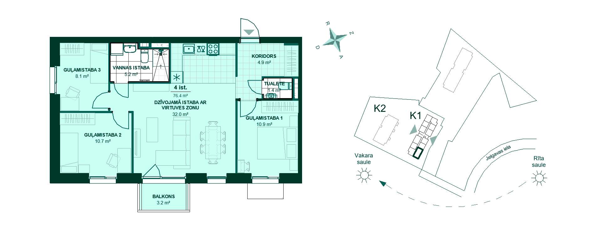 Plānojuma zīmējums - Dzīvokļa plānojums: Koridors 4.9 m², virtuve ar viesistabu 32.0 m², trīs guļamistabas 10.9 m², 10.7 m² un 8.1 m², vannas istaba 5.2 m², tualete 1.4 m², balkons 3.2 m². Ideāli piemērots ģimenēm!