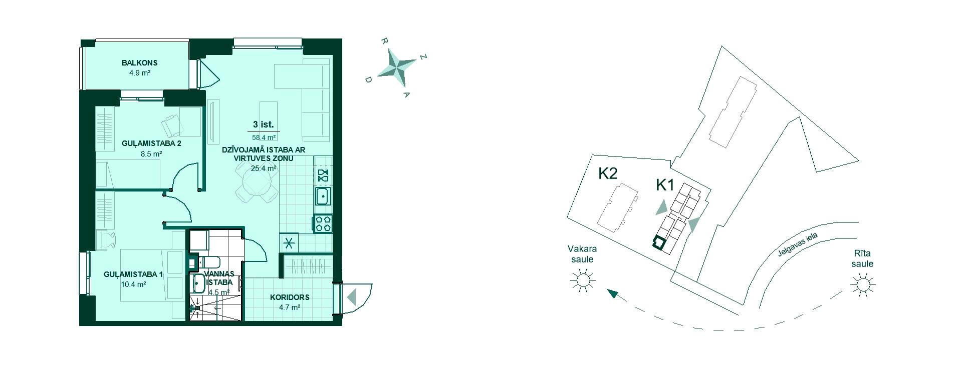 Plānojuma zīmējums - Atklājiet šo dzīvokļa plānu: koridors ved uz plašu dzīvojamo istabu ar virtuves zonu. Divas guļamistabas un vannas istaba piedāvā komfortu. Balkons sniedz skatu uz Jelgavas ielu.