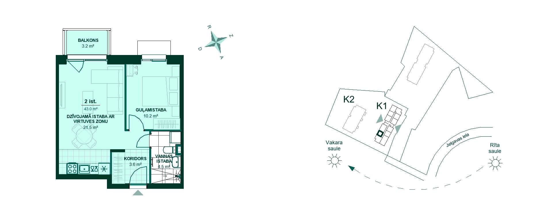 Plānojuma zīmējums - Divu istabu dzīvokļa plānojums: koridors 3.6 m², virtuve 21.5 m², guļamistaba 10.2 m², vannas istaba 4.5 m², balkons 3.2 m². Saulains skats.