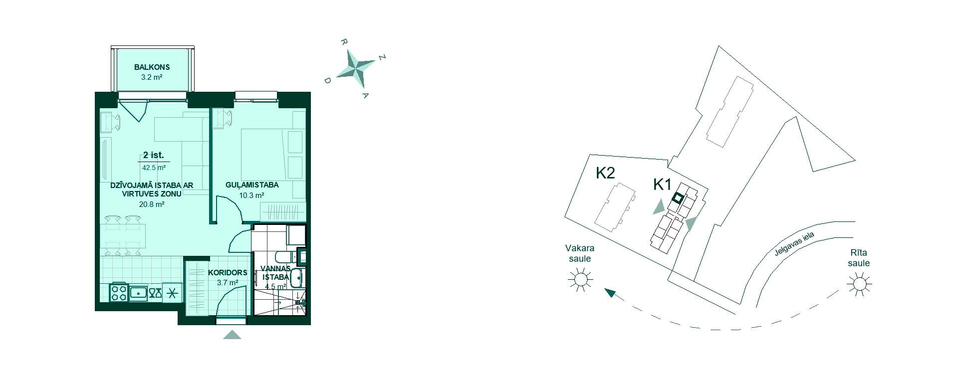 Plānojuma zīmējums - Divistabu dzīvokļa plānojums: Koridors, virtuve, dzīvojamā istaba, guļamistaba, vannas istaba un balkons. Ideāla mājvieta jaunai ģimenei!