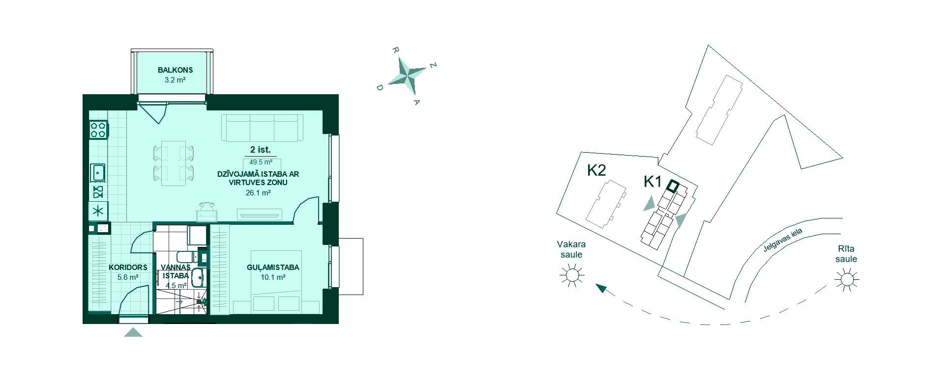 Plānojuma zīmējums - Divistabu dzīvokļa plāns. Koridors 5.6 m², virtuve apvienota ar dzīvojamo istabu 26.1 m², guļamistaba 10.1 m², vannas istaba 4.5 m², balkons 3.2 m². Pievilcīgs dizains un ērts plānojums!