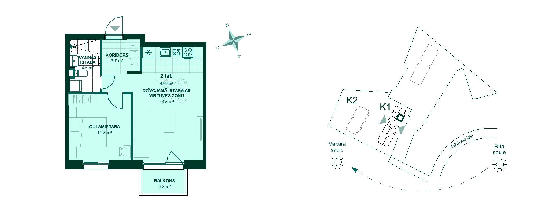 Plānojuma zīmējums - Divu istabu dzīvokļa plānojums ar kopējo platību 47 m². Koridors 3.7 m², virtuve dzīvojamā zonā 23.8 m², guļamistaba 11.8 m², vannas istaba 4.5 m², balkons 3.2 m². Dzīvoklis atrodas ēkas kompleksā ar skatu uz rīta un vakara sauli.