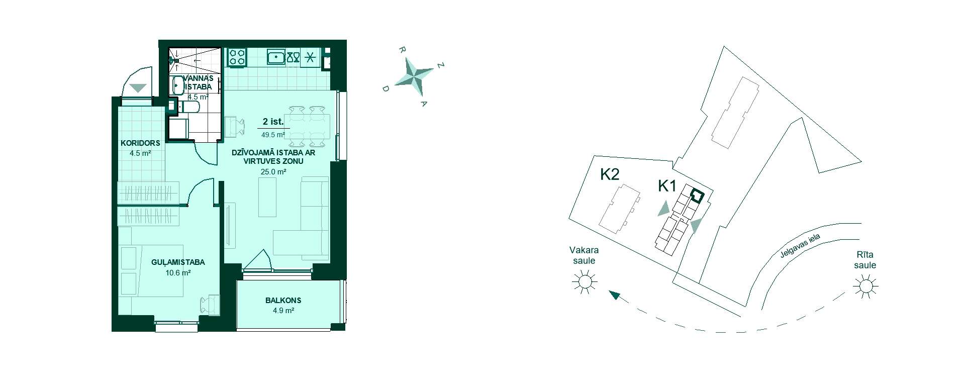 Plānojuma zīmējums - Divistabu dzīvokļa plāns. Koridors ved uz virtuvi un viesistabu. Guļamistaba un vannas istaba blakus. Balkons ar vakara sauli.