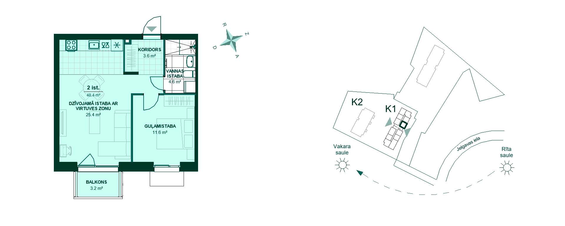 Plānojuma zīmējums - Divistabu dzīvokļa plāns: Koridors 3.6 m², virtuve ar dzīvojamo istabu 25.4 m², guļamistaba 11.6 m², vannas istaba 4.6 m², balkons 3.2 m². Ideāls mājoklis!