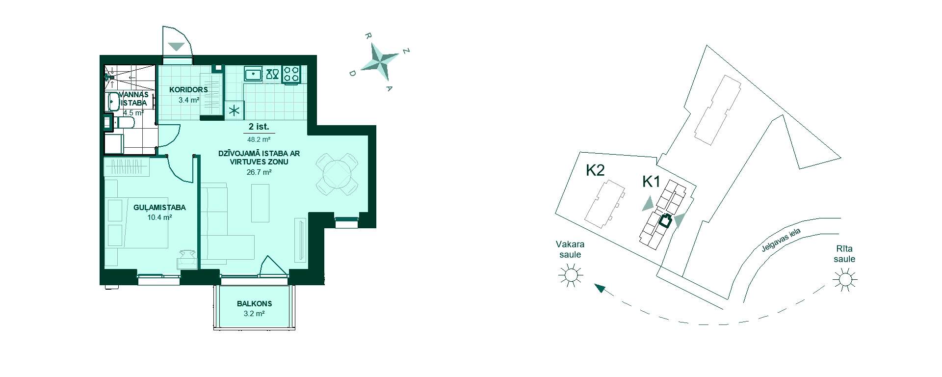 Plānojuma zīmējums - Dzīvokļa plānojums ar 2 istabām. Koridors 3.4 m², virtuve 26.7 m², guļamistaba 10.4 m², vannas istaba 4.5 m², balkons 3.2 m². Mājas novietojums Jelgavas ielā.