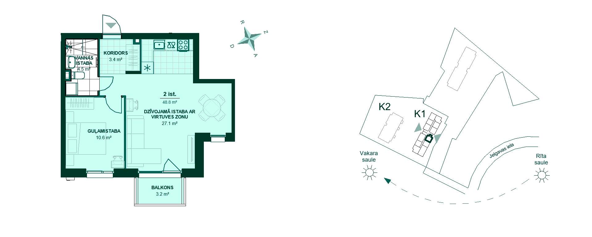 Plānojuma zīmējums - Divistabu dzīvokļa plānojums ar 48.8 m² platību. Koridors 3.4 m², virtuve un viesistaba 27.1 m², guļamistaba 10.6 m², vannas istaba 4.5 m², balkons 3.2 m². Mājas orientācija uz rīta sauli.