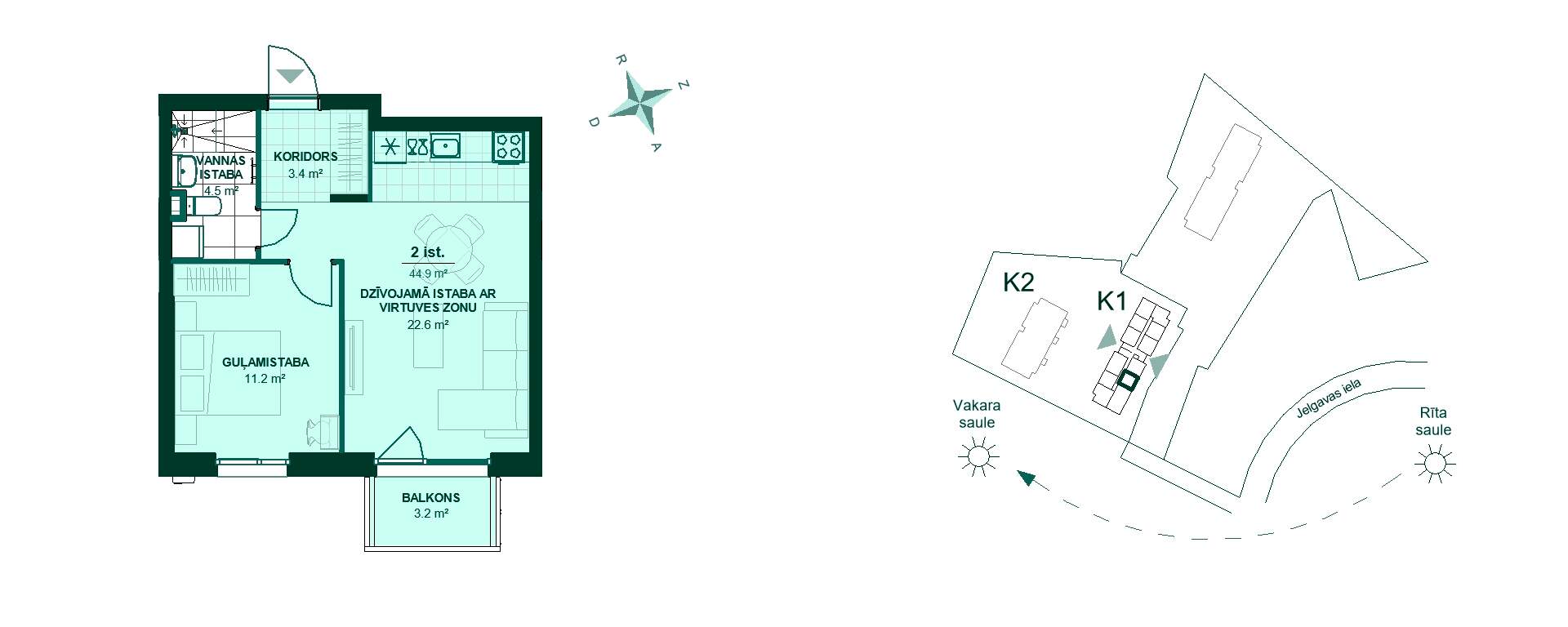 Plānojuma zīmējums - Divistabu dzīvokļa plānojums ar kopējo platību 44.9 m². Koridors 3.4 m², virtuve ar viesistabu 22.6 m², guļamistaba 11.2 m², vannas istaba 4.5 m², balkons 3.2 m². Ideāli piemērots mājīgai dzīvošanai. Ēkas atrašanās vieta nodrošina rīta un vakara saules gaismu.