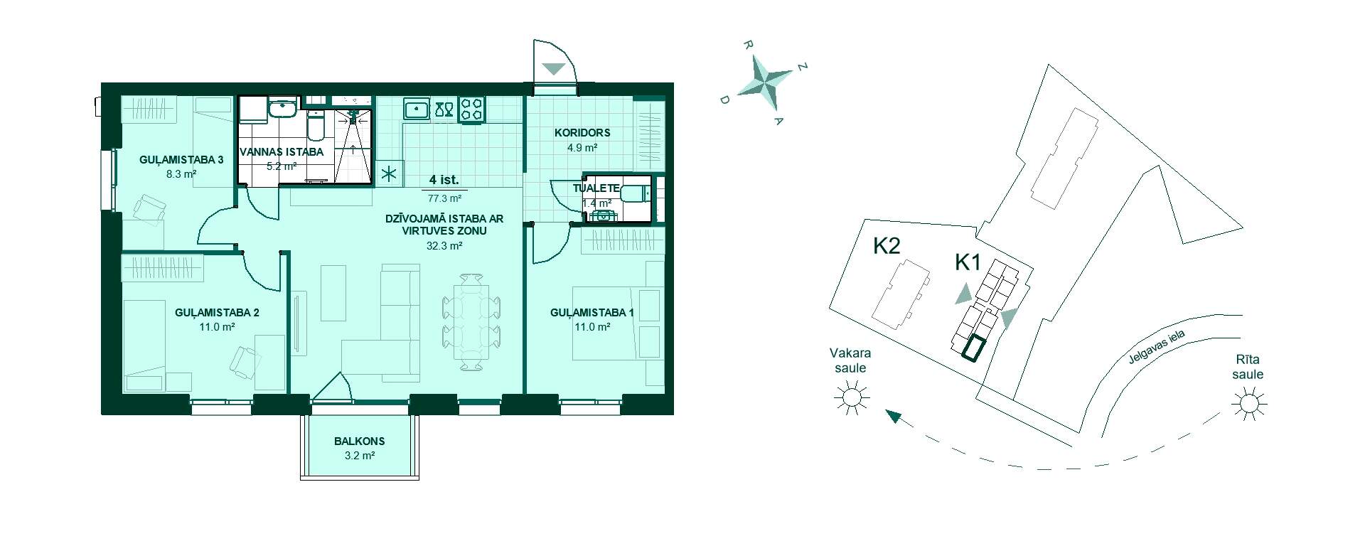 Plānojuma zīmējums - Šī ir dzīvokļa plāna zīmējums, kas piedāvā ērtu un mājīgu dzīvošanu. Koridors ved uz virtuvi un plašu viesistabu. Ir trīs guļamistabas, divas vannas istabas un balkons, kur baudīt vakara sauli. Perfekta izvēle ģimenēm!