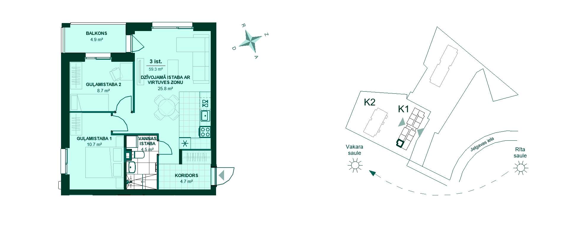 Plānojuma zīmējums - Plandrawing: Šis ir 3 istabu dzīvokļa plānojums. Sākot ar koridoru, virtuve un viesistaba kopā, 2 guļamistabas, vannas istaba, balkons. Perfekts mājoklis ģimenei!