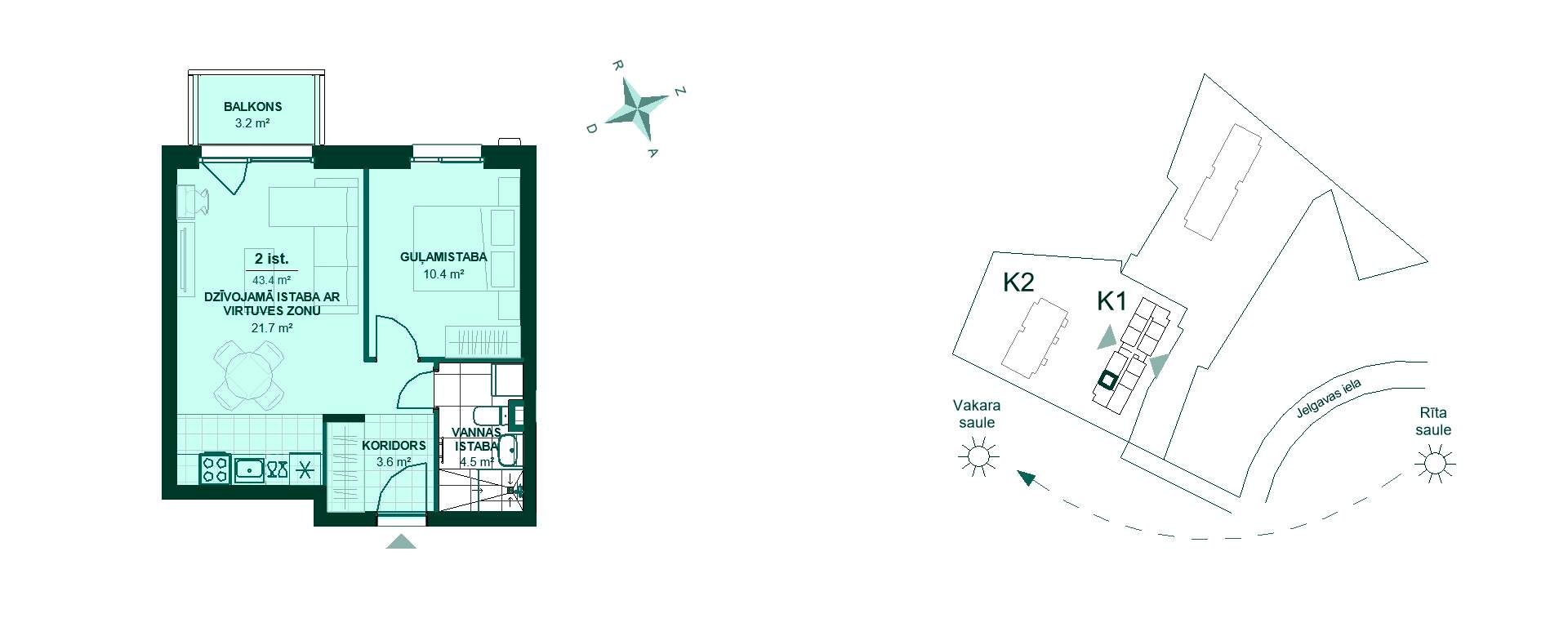 Plānojuma zīmējums - Divistabu dzīvokļa plāns ar kopējo platību 43.4 m². Koridors 3.6 m², virtuve un viesistaba 21.7 m², guļamistaba 10.4 m², vannas istaba 4.5 m², balkons 3.2 m². Pievilcīgs un kompakts mājoklis!