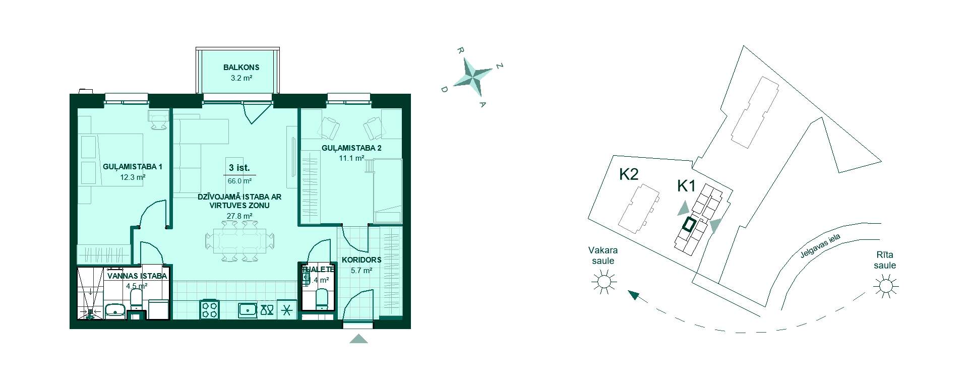 Plānojuma zīmējums - Dzīvokļa plāns ar koridoru 5.7 m², virtuves zonu 27.8 m², divām guļamistabām (12.3 m² un 11.1 m²), vannas istabu 4.5 m², tualeti 4 m² un balkonu 3.2 m². Ideāla izvēle komfortablai dzīvei!