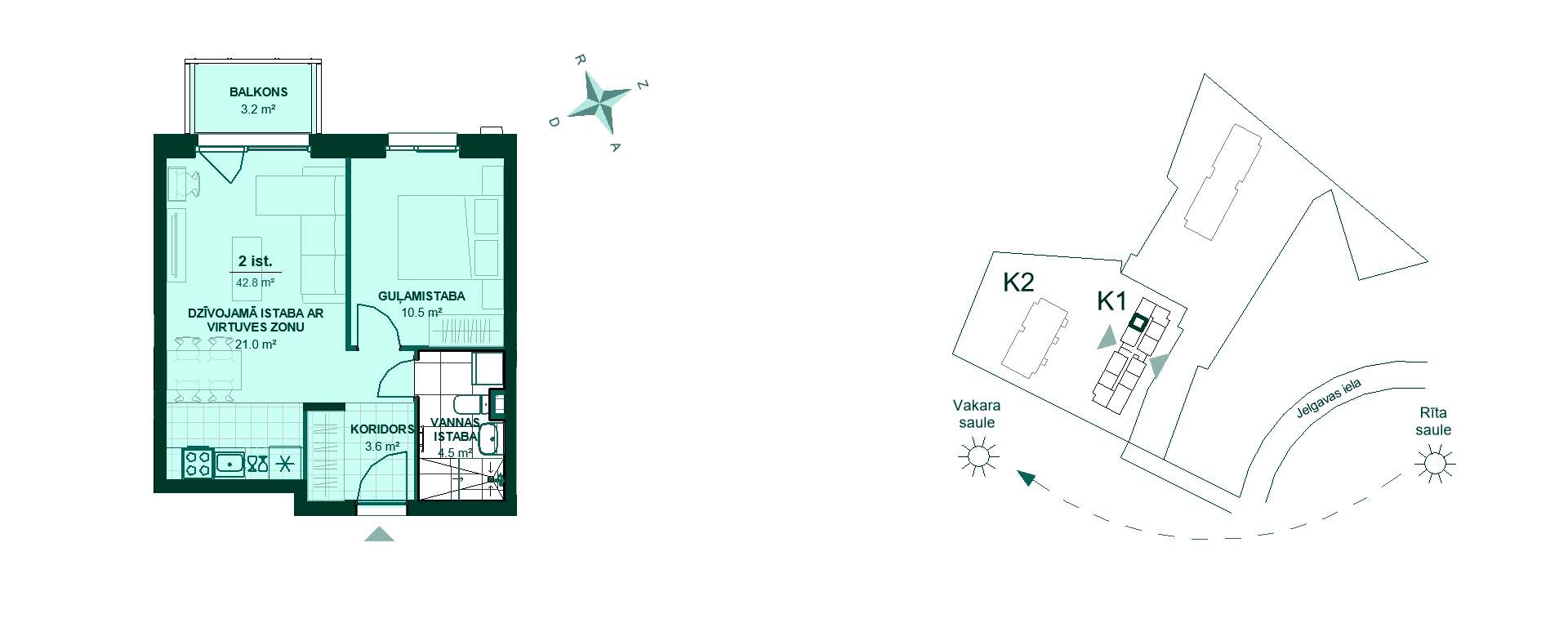 Plānojuma zīmējums - Šī ir dzīvokļa plānojuma zīmējums. Koridors ved uz virtuvi, kas savienota ar dzīvojamo istabu. Blakus ir guļamistaba un vannas istaba. Balkons piedāvā 3.2 m² atpūtas vietu. Ideāli piemērots kompaktai un ērtai dzīvošanai.