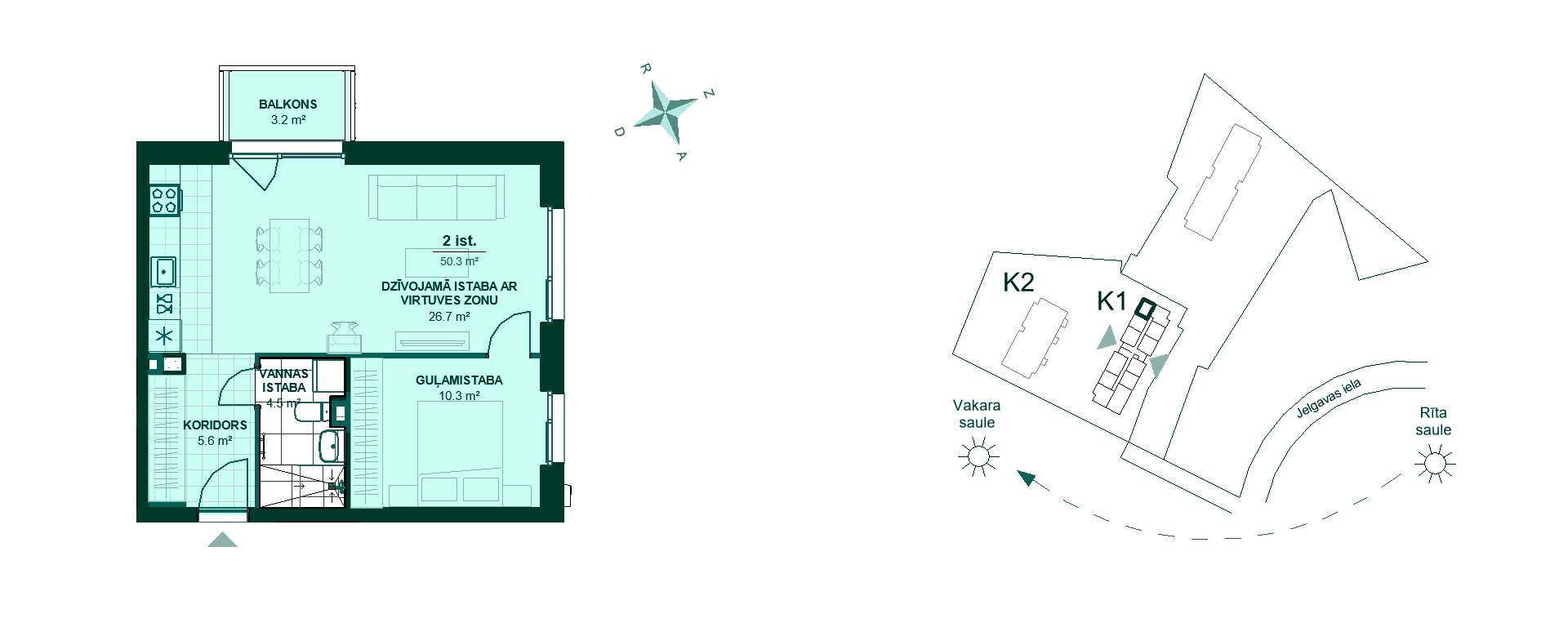 Plānojuma zīmējums - Šajā plānojumā redzama mājokļa izkārtojuma plāns. Koridors 5.6 m², virtuve un dzīvojamā zona 26.7 m², guļamistaba 10.3 m², vannas istaba 4.6 m², balkons 3.2 m². Ērta un funkcionāla telpu sadalīšana mājīgai dzīvei.