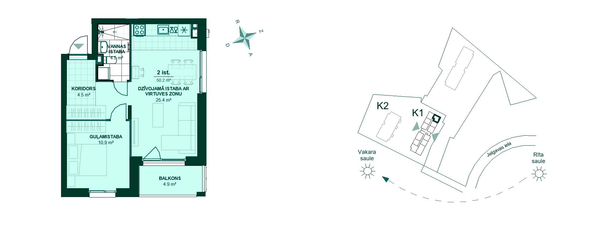 Plānojuma zīmējums - Divistabu dzīvokļa plānojums: koridors 4.5 m², virtuve un dzīvojamā istaba 25.4 m², guļamistaba 10.9 m², vannas istaba 4.5 m², balkons 4.9 m². K2 un K1 ēku izvietojums.