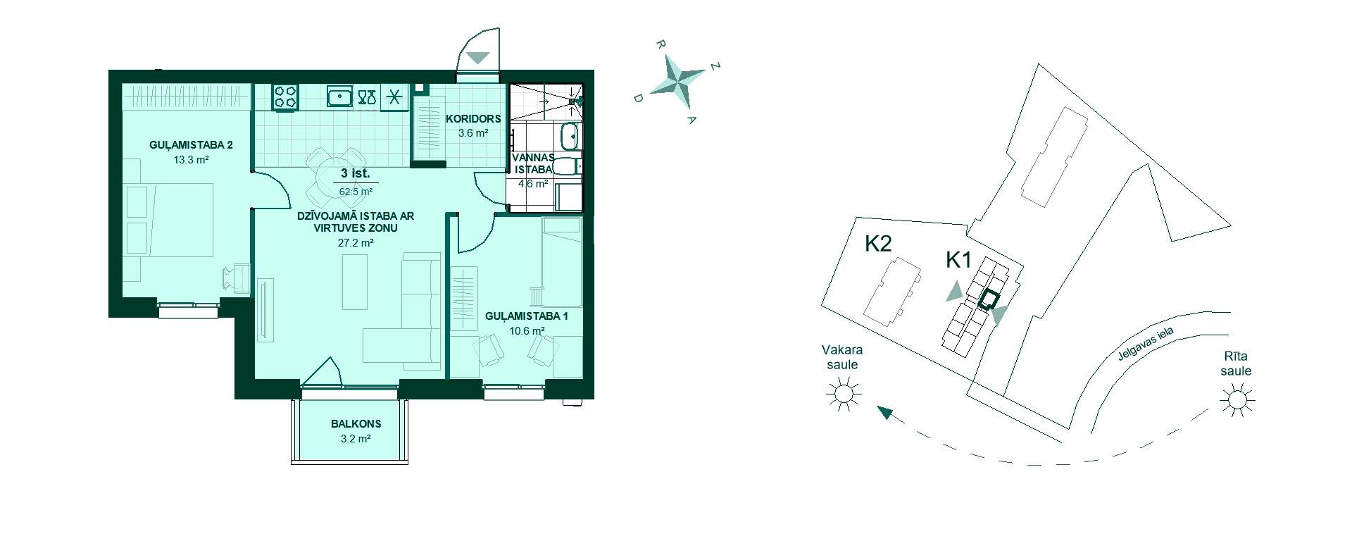 Plānojuma zīmējums - Divu guļamistabu dzīvokļa plānojums ar koridoru, virtuvi, viesistabu, vannas istabu un balkonu. Ideāla mājvieta saulainām rīta kafijām!